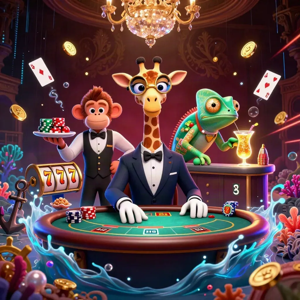 Giraffe high roller, monkey valet, and chameleon bartender in a luxe casino scene with coins and neon effects