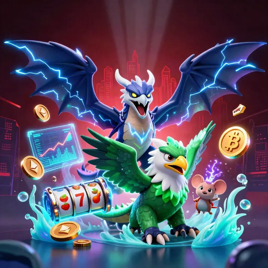 Thunder dragon, wind hawk and static mouse amid coins, reels, lightning and neon glow