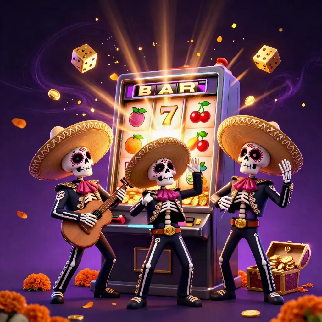 Skeleton mariachi trio with exploding slot machine, gold coins, marigolds, and neon casino glow.
