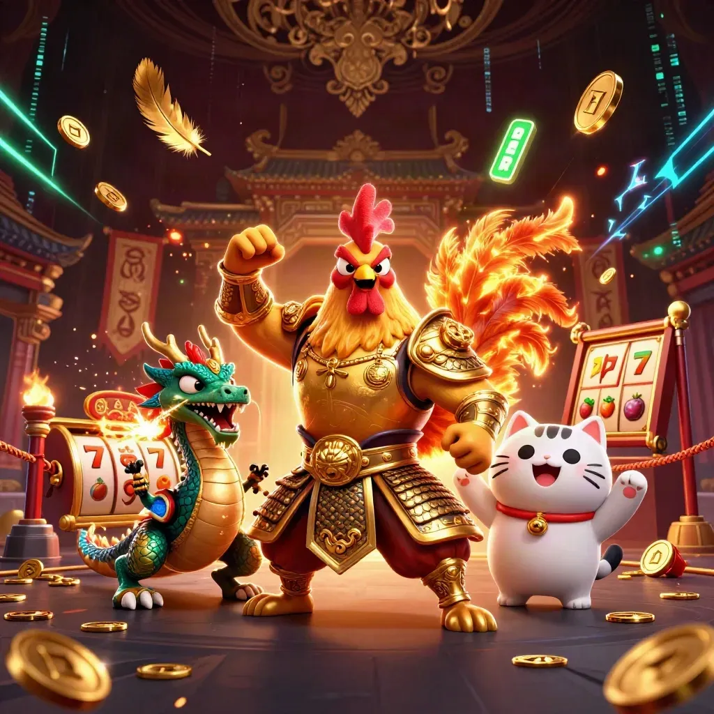 Rooster samurai, spark-breathing dragon hatchling, and fortune cat in a casino battle scene.