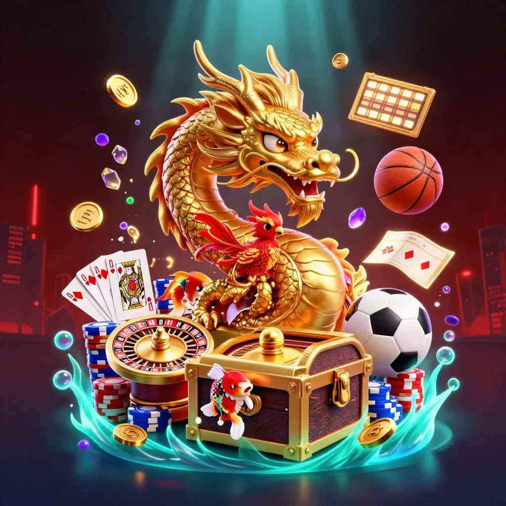 Golden dragon with phoenix and koi amid casino coins, chips, cards, sports balls and neon glow