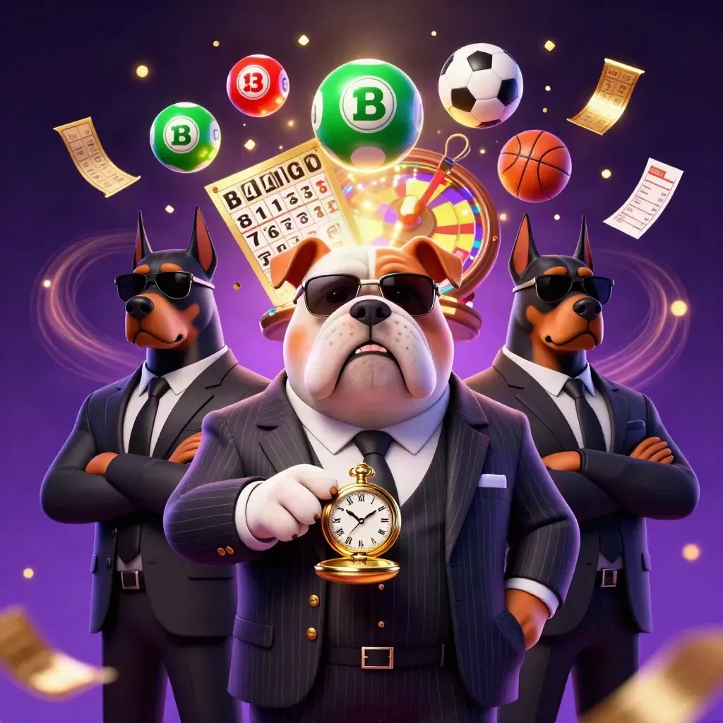 Bulldog boss and Dobermans amid casino balls, prize wheel, and golden sparks on a dark neon backdrop.