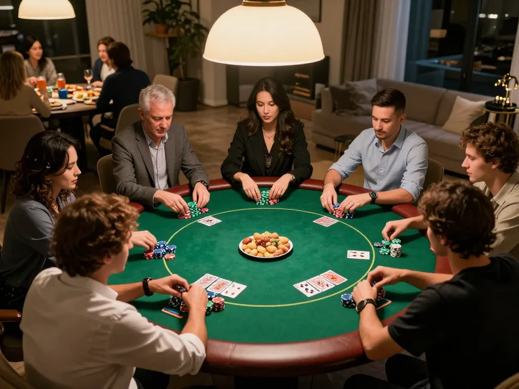 Players enjoying a poker night with 23win features, chips neatly arranged, inviting atmosphere
