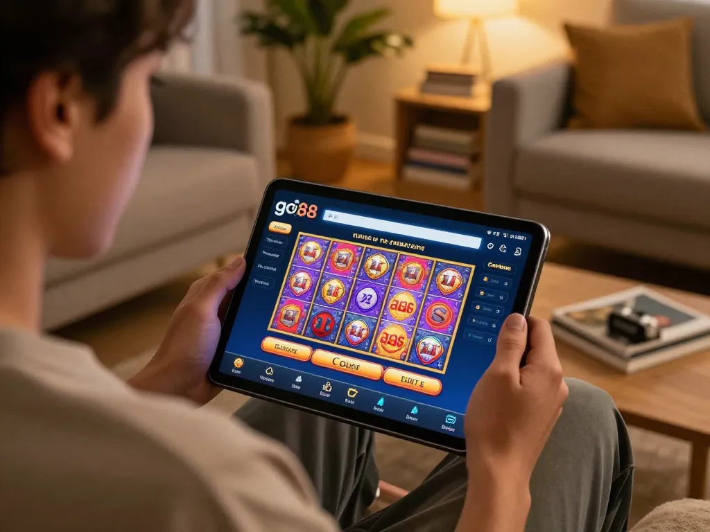 Engaging in online gambling using the go88 app on a tablet in a cozy living room.