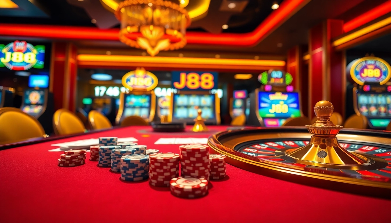Engaged players experiencing thrilling games at J88 casino table featuring poker chips and cards.