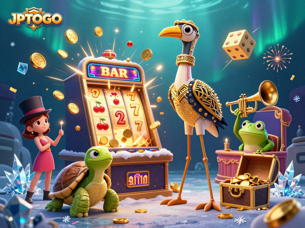 Experience the thrill of winning with JPTOTO's stunning casino scene filled with vibrant characters and slot action.