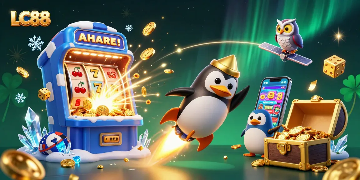 LC88 engages players with a colorful casino scene featuring a golden penguin and jackpots.
