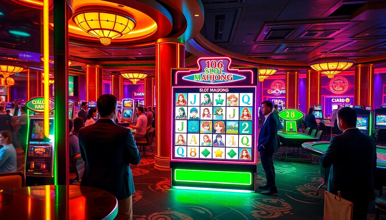 Experience the thrill of Slot Mahjong in a vibrant casino setting with engaged players.