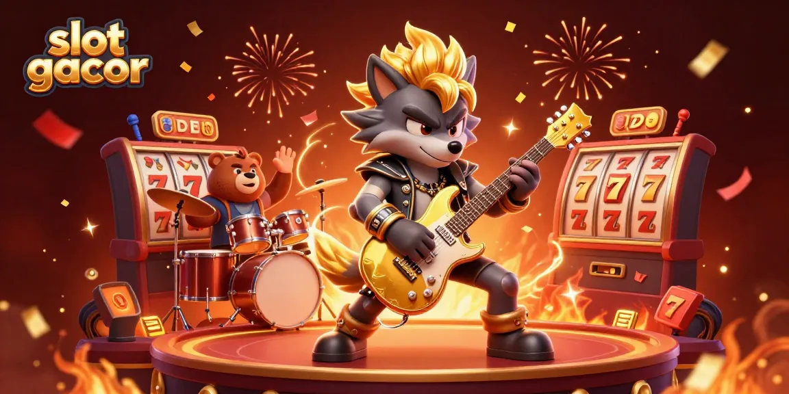 Engage in slot gacor excitement with dynamic casino characters amid vibrant gaming elements.