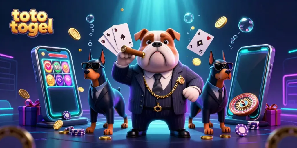Engaging scene with mafia bulldog and Doberman bodyguards celebrating a toto togel victory with colorful slot games and casino elements.