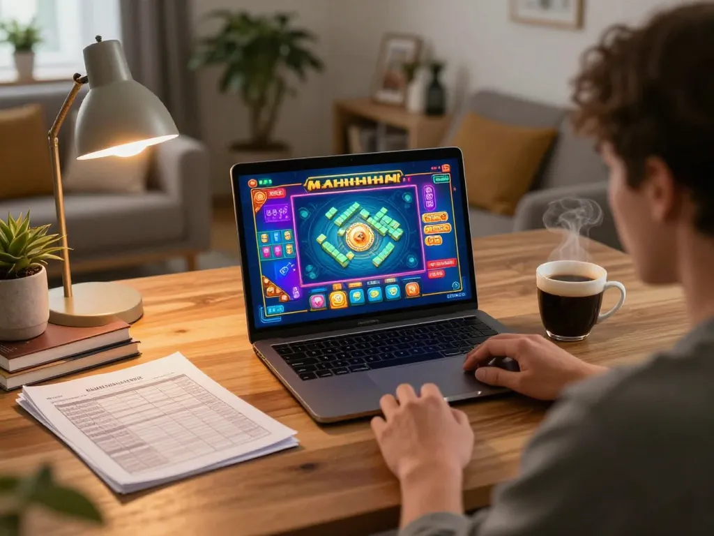 Engaged player winning at situs gacor Mahjong slots in a cozy home casino setup.
