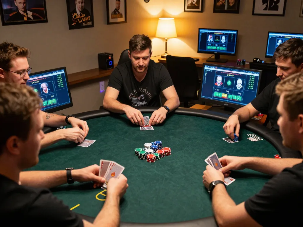 Suasana kompetitif pemain yang terlibat dalam permainan poker online dengan catatan strategi yang berfokus pada aman788 yang ditampilkan.
