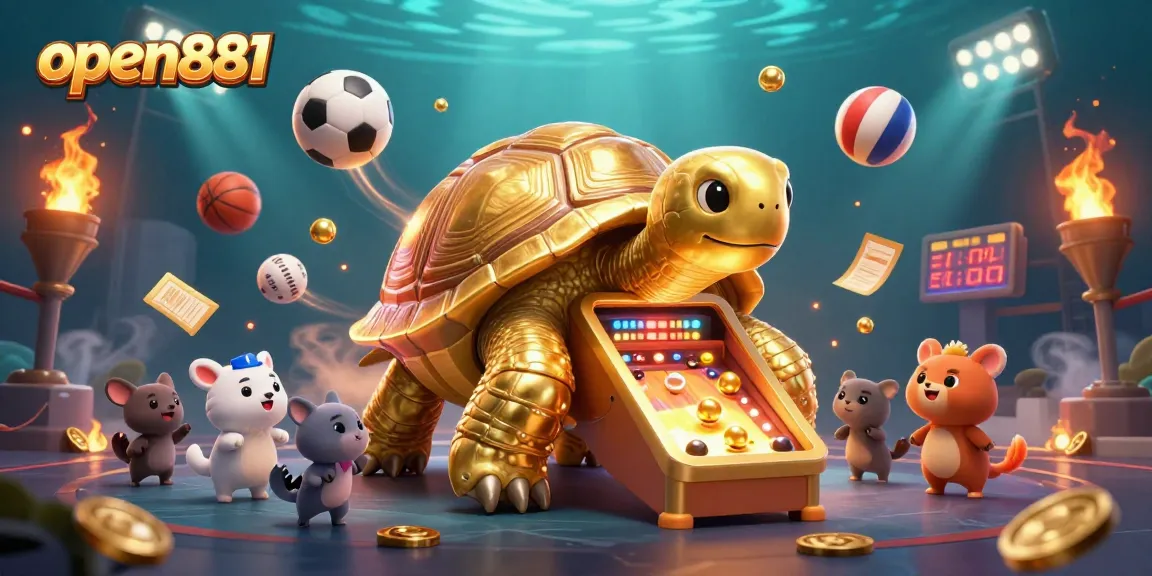 Engage with thrilling games at open881 featuring an exciting 3D casino illustration with sports and gambling elements.
