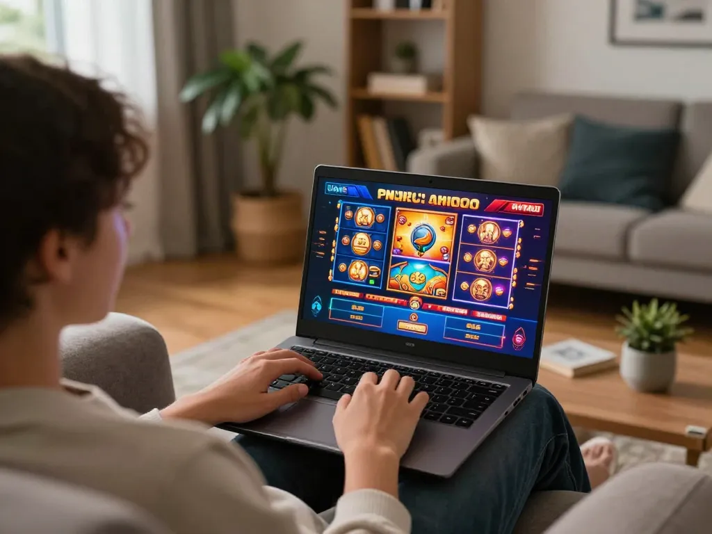Player engaging with RR88 online casino on a laptop in a cozy home setup