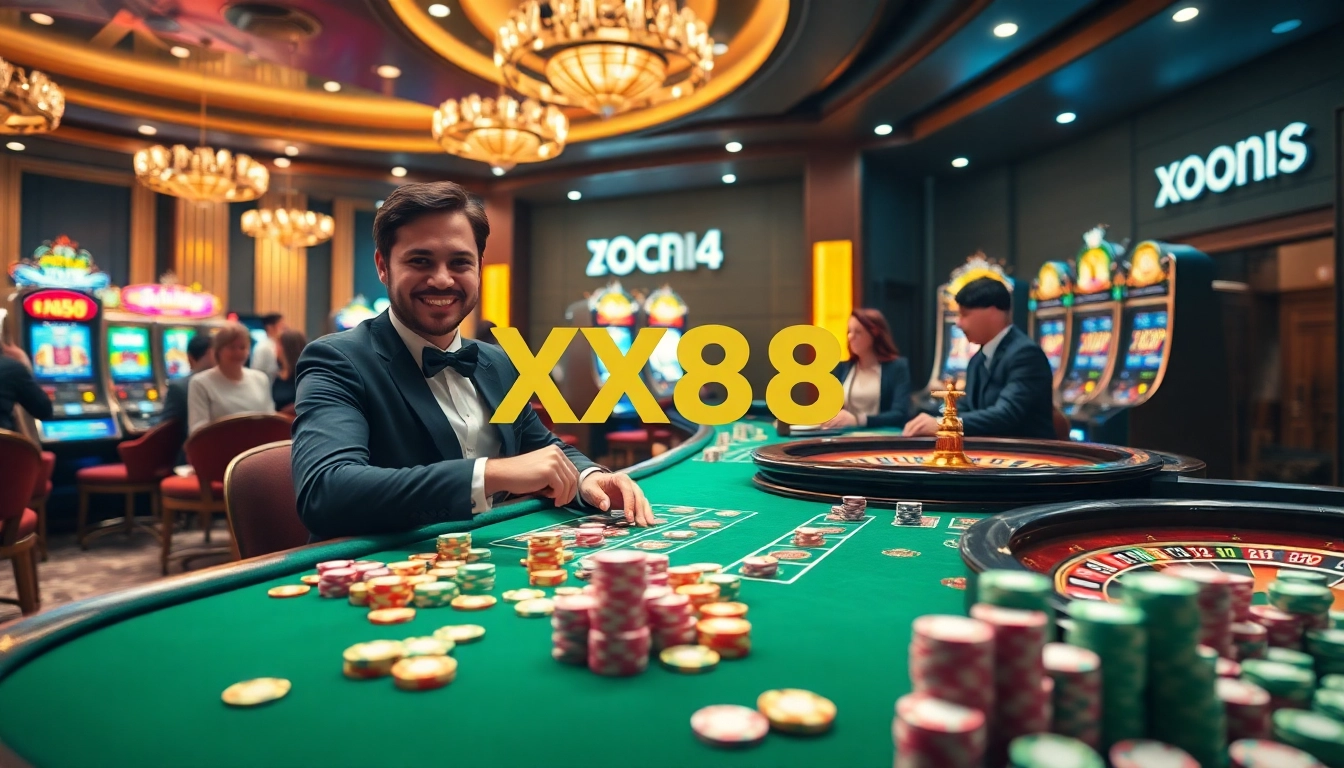 Players winning at XX88.video, showcasing excitement at casino tables with cards and roulette wheels.