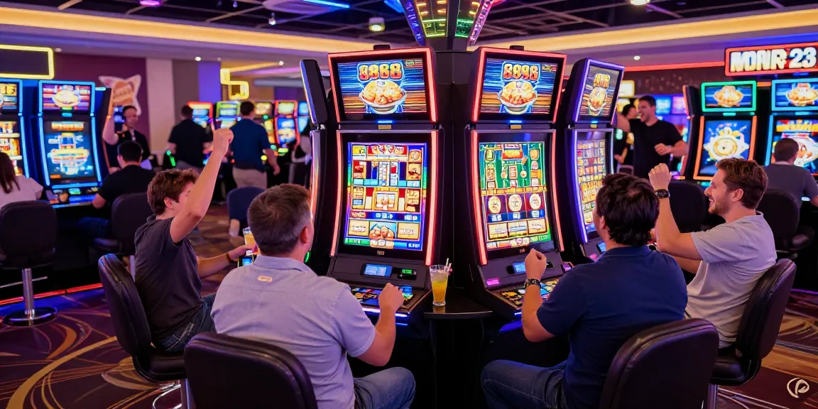 Pengunjung menikmati permainan 888 slots di kasino dengan suasana meriah dan lampu neon yang cerah.