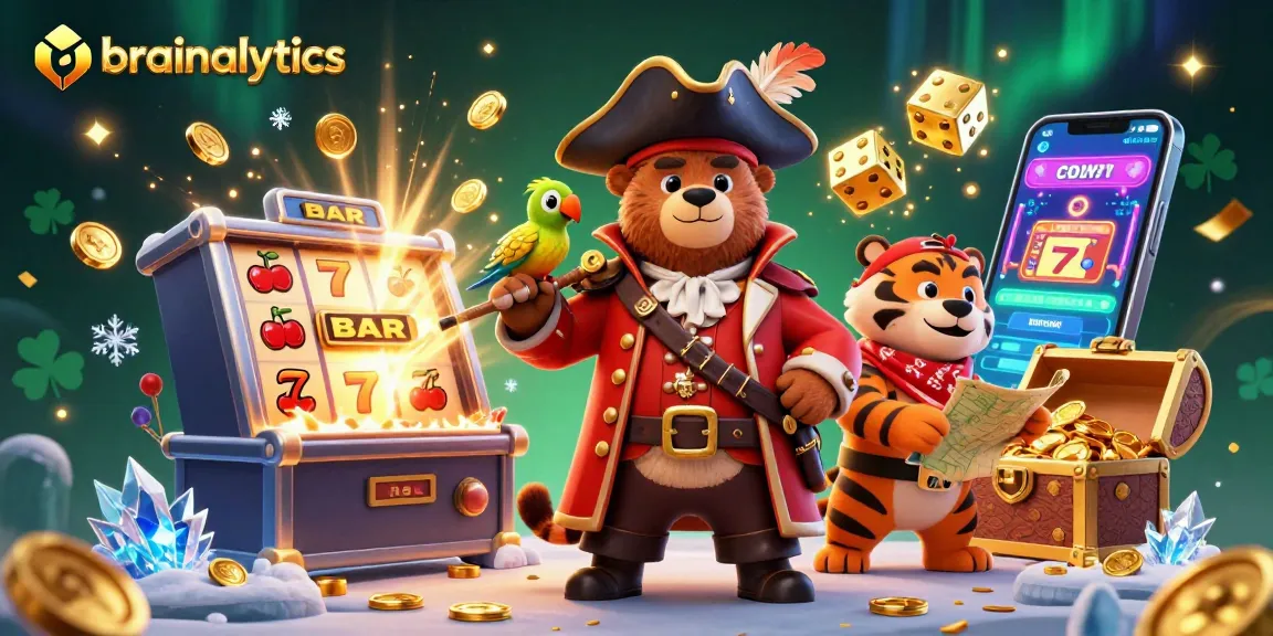 Spin the reels with brainalytics as the pirate bear and tiger celebrate jackpot wins surrounded by colorful casino delights.