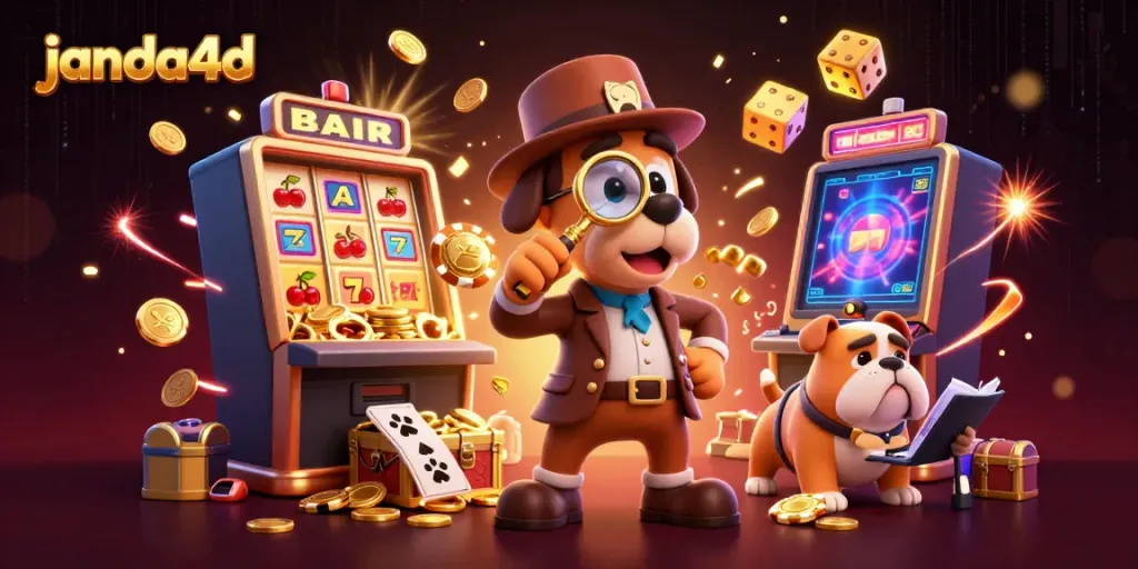 JANDA4D memperlihatkan detektif kartun 3D dan Watson di tengah slot jackpot yang berkilau.