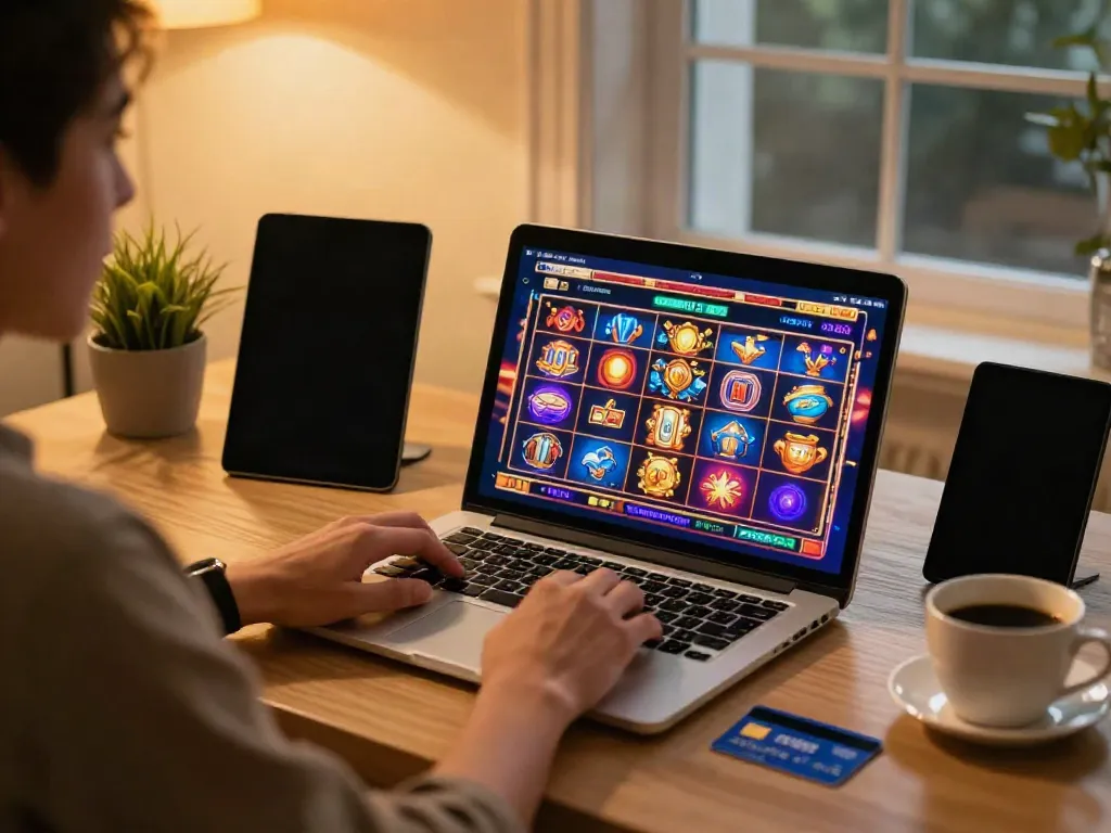 Excited player enjoying games at visa casinos, laptop and credit card on stylish desk.