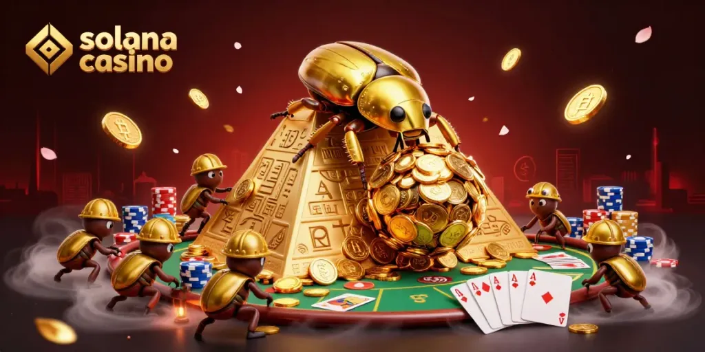 Experience the excitement of solana casino with energetic beetles working to roll gold coins amidst vibrant casino elements.