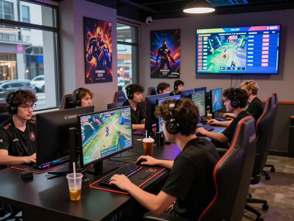Exciting esports betting environment at a gaming café showcasing diverse gamers engaged in live matches, part of the comprehensive guide at https://gglbetsg.org/gglbet-sg/singapore-esports-betting-gui