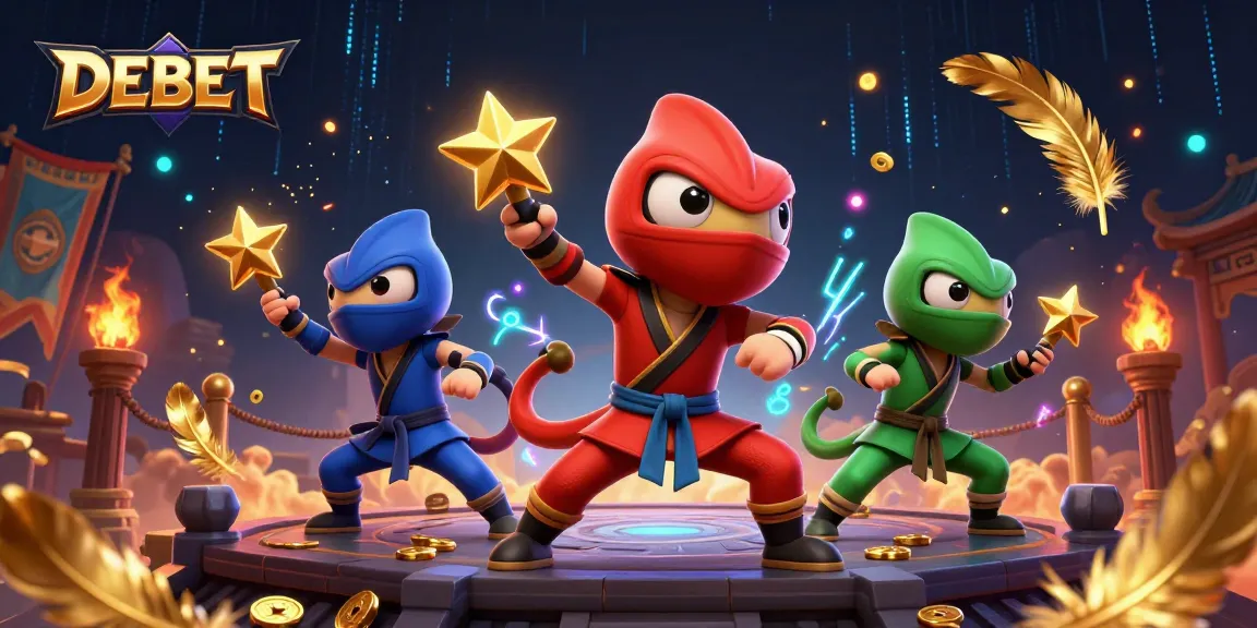 DEBET showcases three ninja chameleons in vibrant action amid casino-themed elements, emphasizing excitement and strategy.