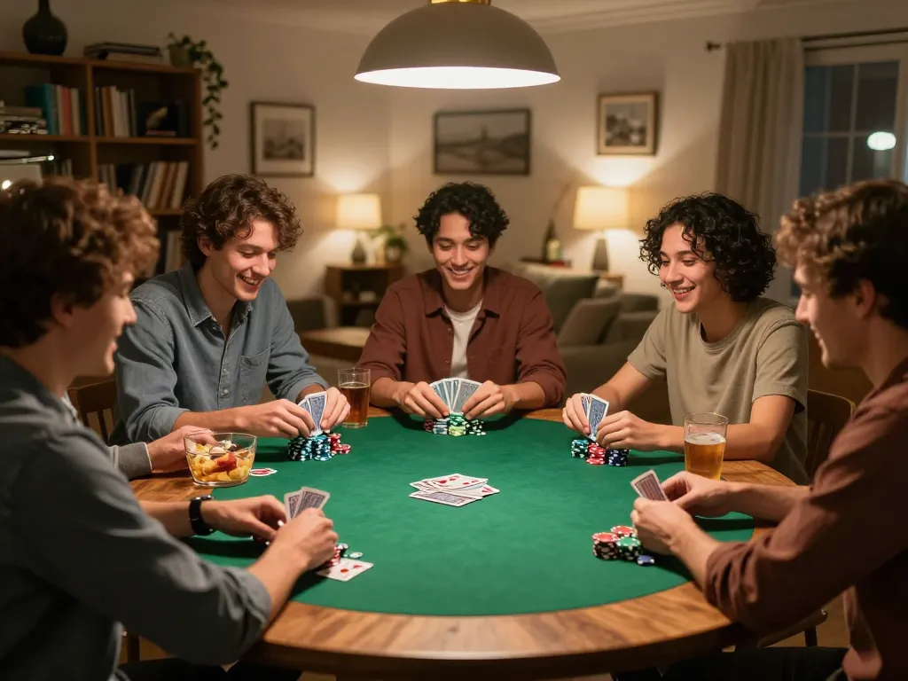 Friends enjoy a poker night at home while playing 32win, sharing laughter and strategies.
