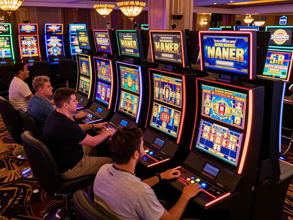 Players engaging with vibrant Pragmatic Slot machines in a bustling casino atmosphere, showcasing excitement and dynamic gameplay.
