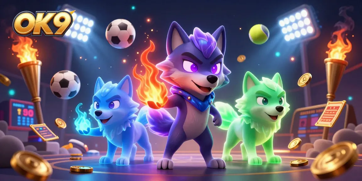 Play with excitement at OK9, featuring a dynamic scene of ghostly wolves and sports elements.