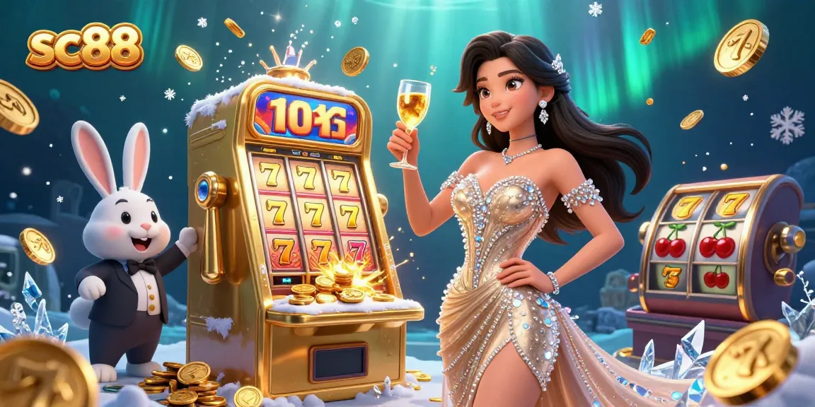 Experience the excitement of sc88 as a woman toasts beside a jackpot slot machine amidst flying coins and vibrant colors.
