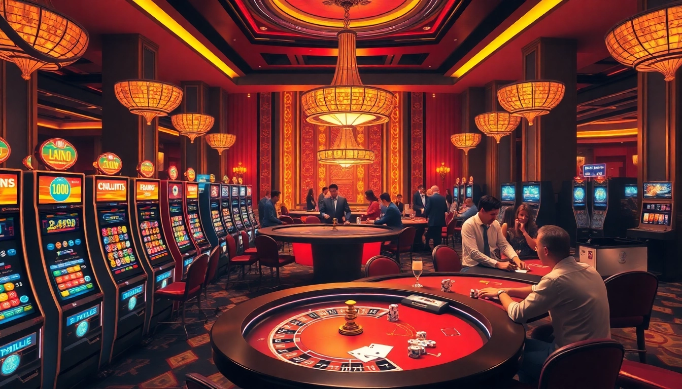 Exciting casino scene showcasing lc88 with modern slot machines, vibrant poker tables, and a roulette wheel.