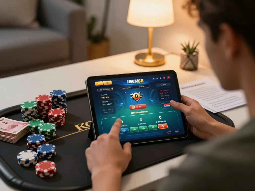 IWIN68 player strategizing during a poker game at home, showcasing focused online gaming experience.