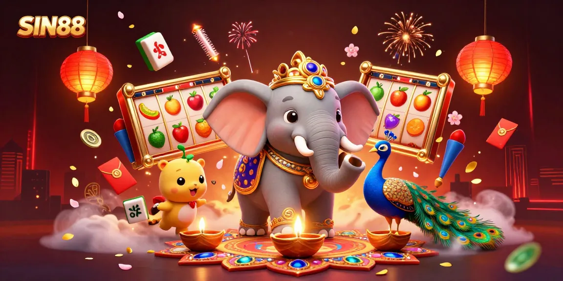 SIN88 offers immersive casino excitement with a captivating elephant and peacock in a festive atmosphere.