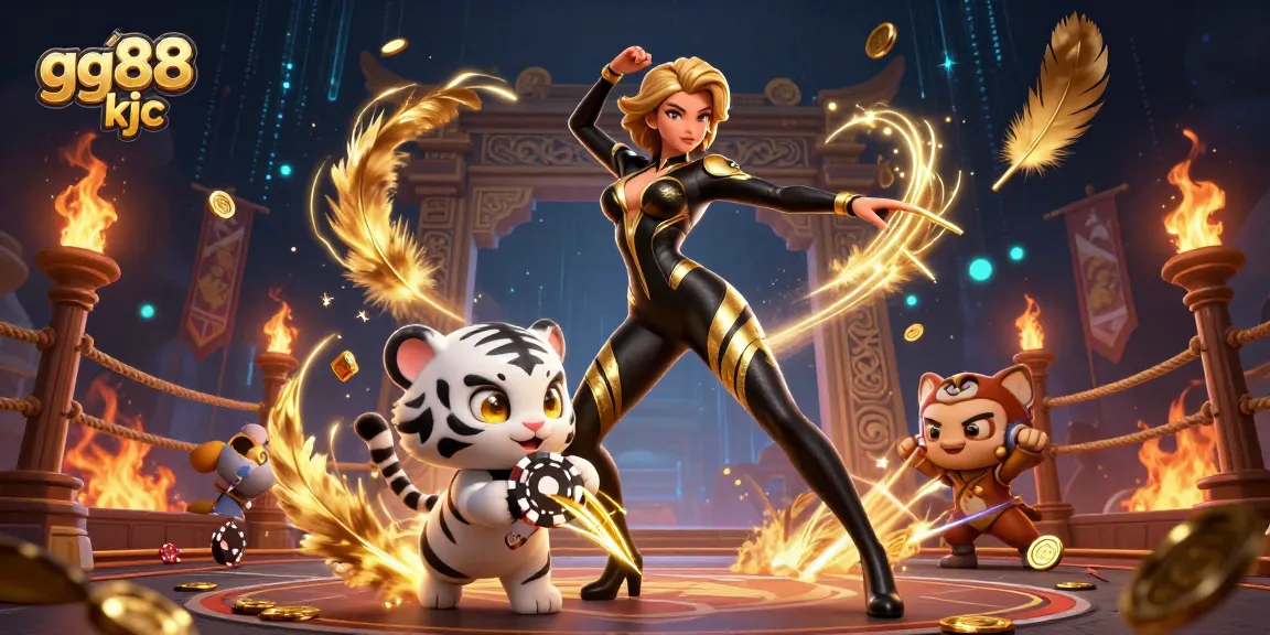 Catch the excitement of gg88 kjc as a stunning character engages in thrilling gambling action with a baby white tiger.