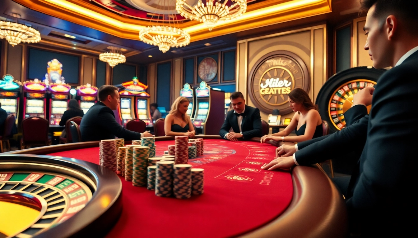 Players strategically engaging in a thrilling game at the b29 casino, surrounded by vibrant slot machines.