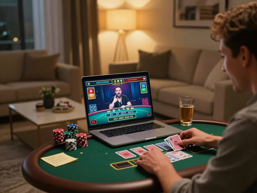 Player enjoying online gaming at okwin, immersed in live dealer action in a warm home setting.