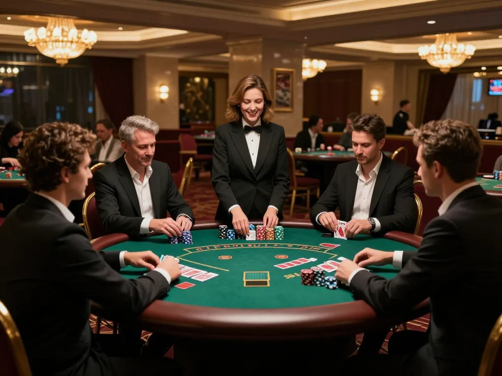 mb66 players strategically placing bets at a luxurious blackjack table in a vibrant casino atmosphere