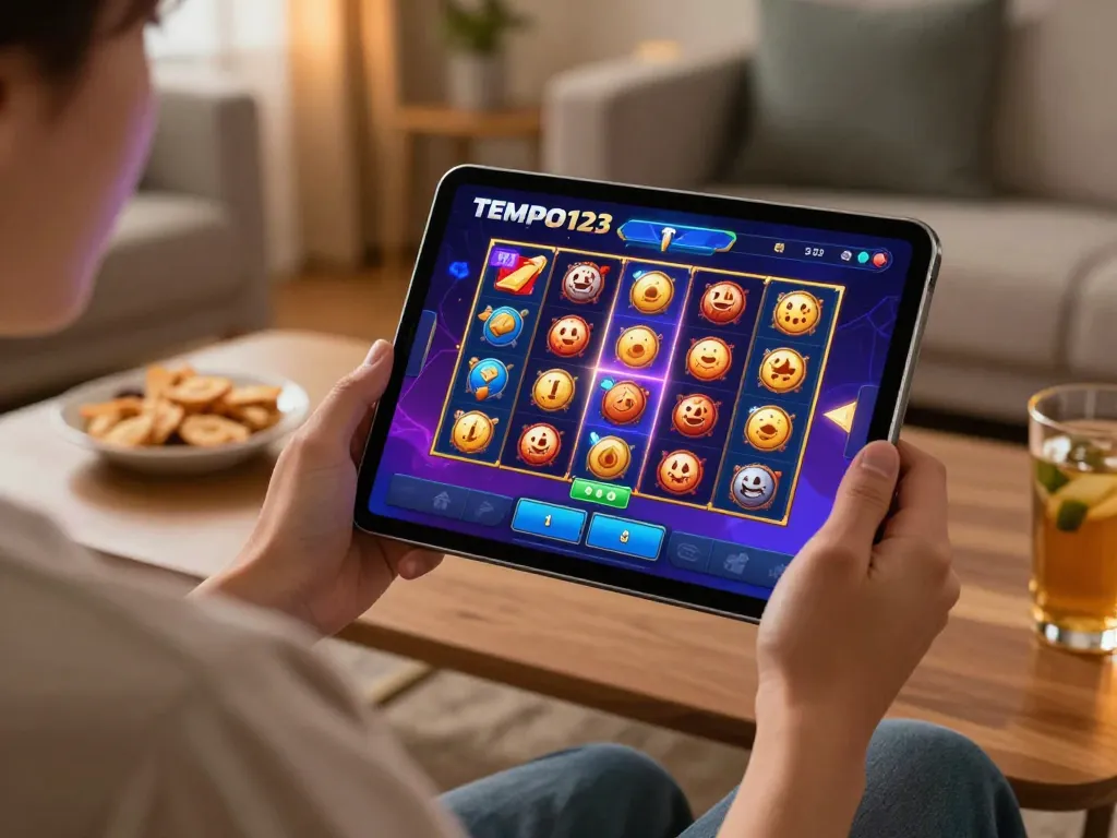 Interaksi menyenangkan dengan Tempo123 Slot di tablet dalam suasana rumah yang nyaman.