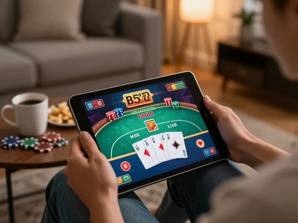 B52club chơi game trên máy tính bảng trong một không gian ấm cúng với các chiến thuật chơi.
