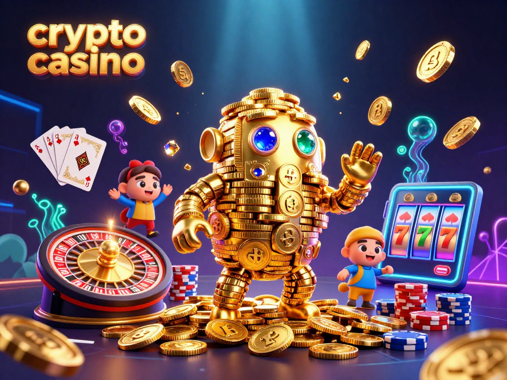 Engage with the vibrant world of a crypto casino featuring a golden golem and casino elements.