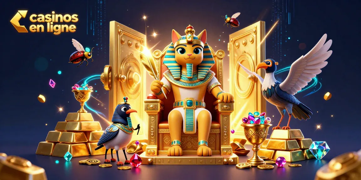 Découvrez des casinos en ligne passionnants avec une scène 3D vibrante de personnages égyptiens et de trésors.
