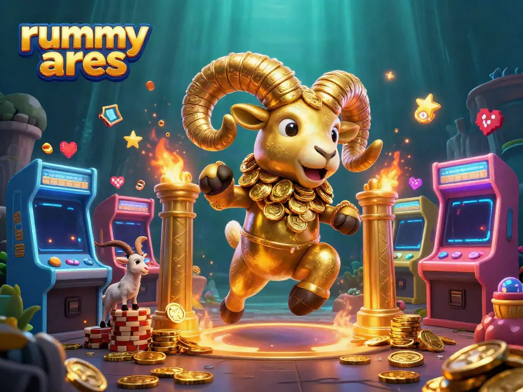 Engage with rummy ares in this vibrant 3D illustration of a golden ram charging through a casino-themed scene filled with game elements.