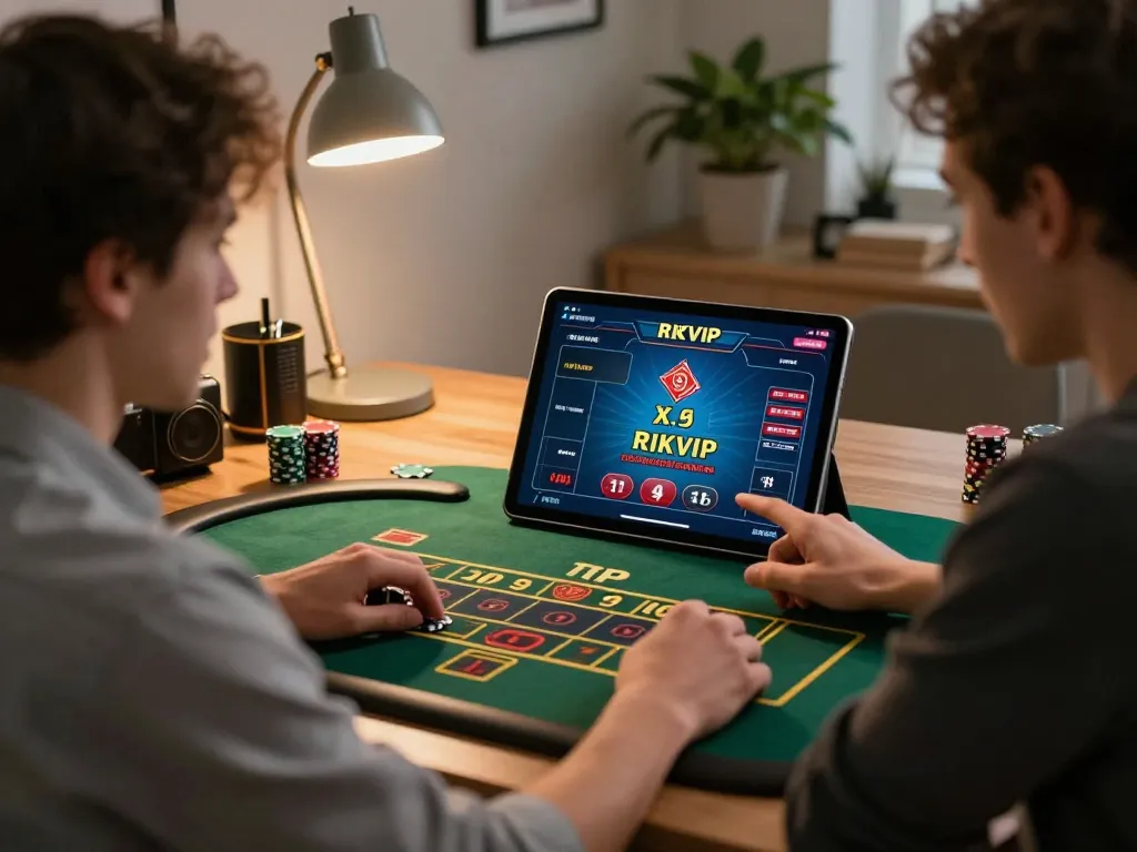 Player engaged in RIKVIP online gaming on tablet in cozy home setting with strategic focus