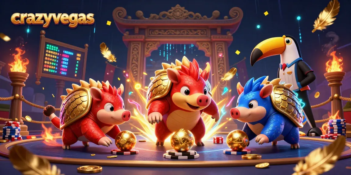 Engage in exciting gameplay at crazyvegas with rival pangolins rolling golden balls through poker chips.