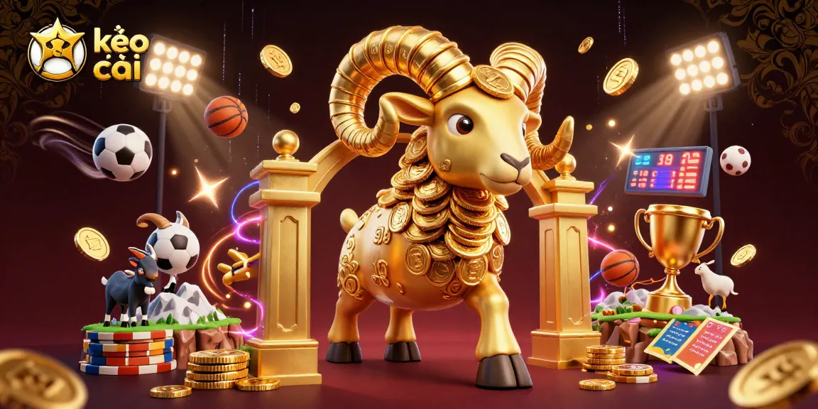 Kèo nhà cái showcases a golden ram charging with sports balls and trophies in a dynamic 3D casino scene.