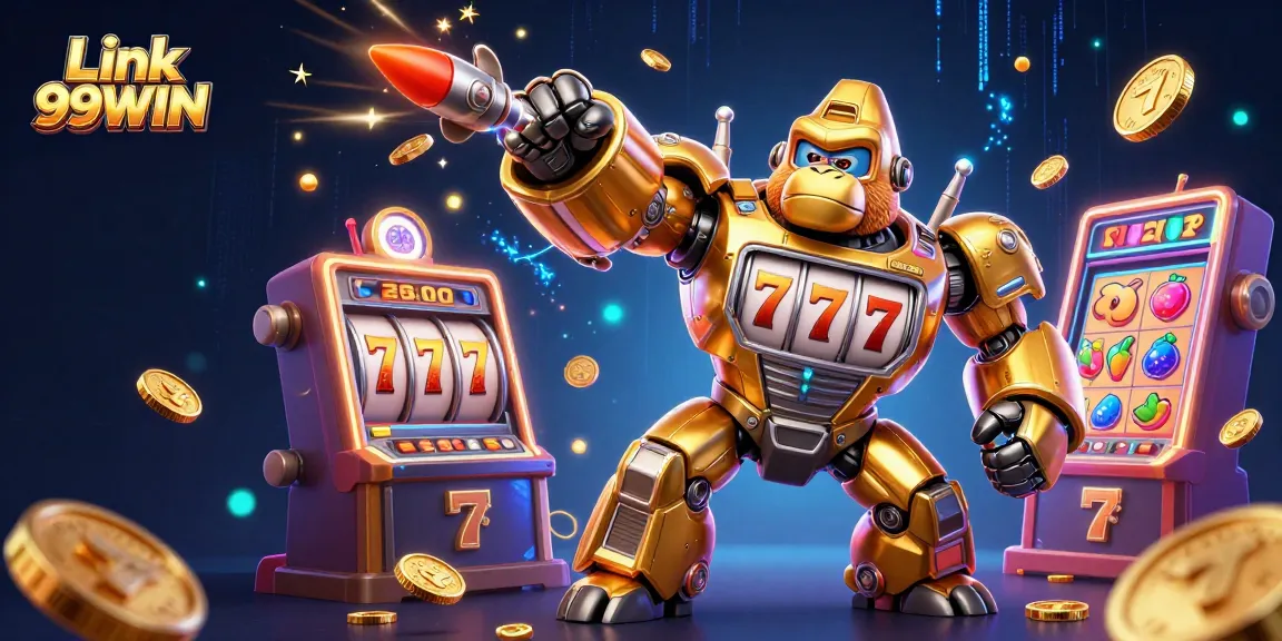 Experience thrilling action with Link 99WIN's golden gorilla mech in a vibrant casino scene.
