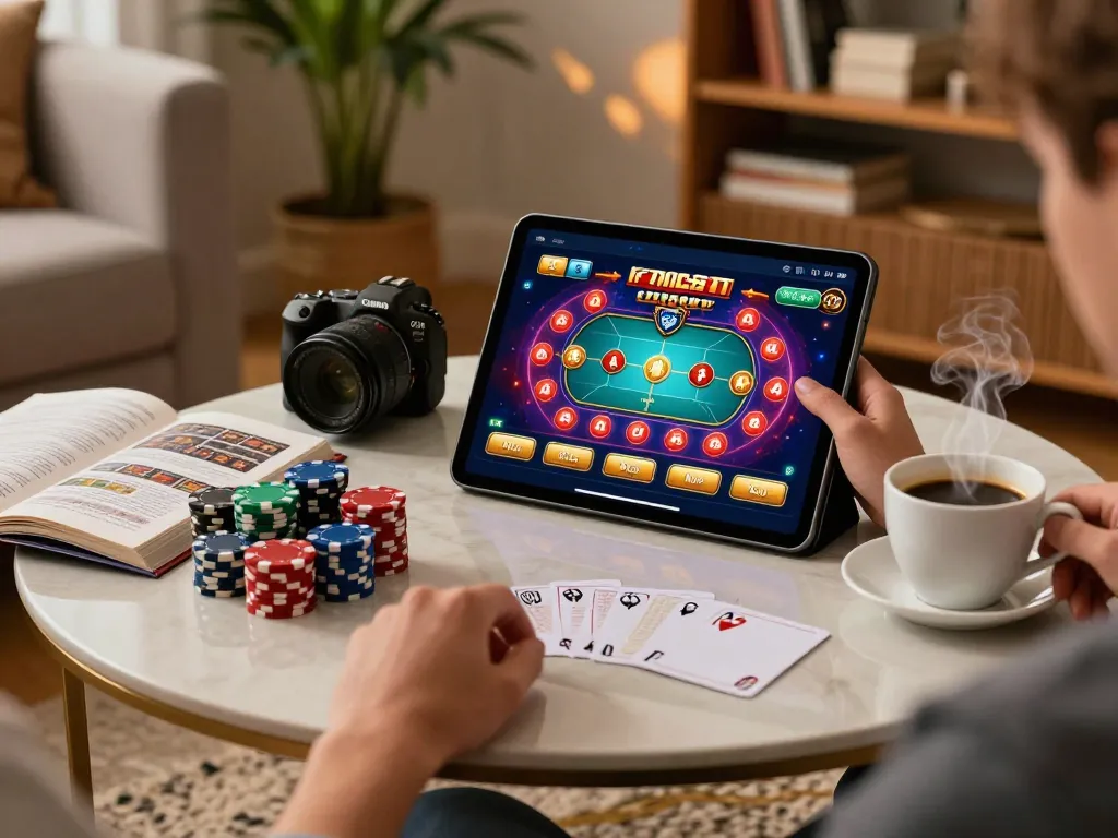 Engaged player navigating Hubet online poker interface on a tablet at home, showcasing responsible gambling