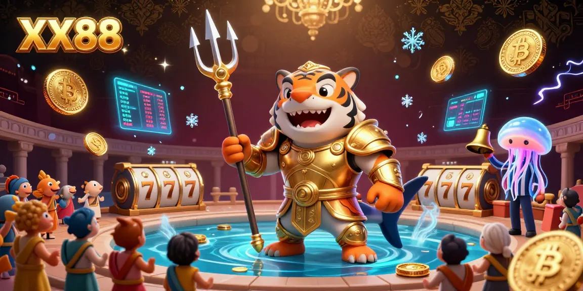 Experience winning at XX88 with a dynamic underwater casino scene showcasing a tiger shark and exciting slot elements.