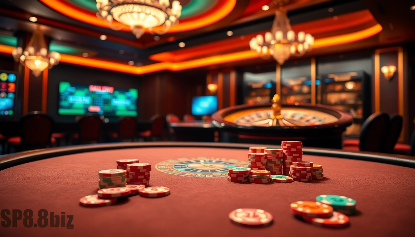 Experience thrilling gameplay at https://sp8.biz/ with vibrant poker tables and roulette in a luxurious casino.