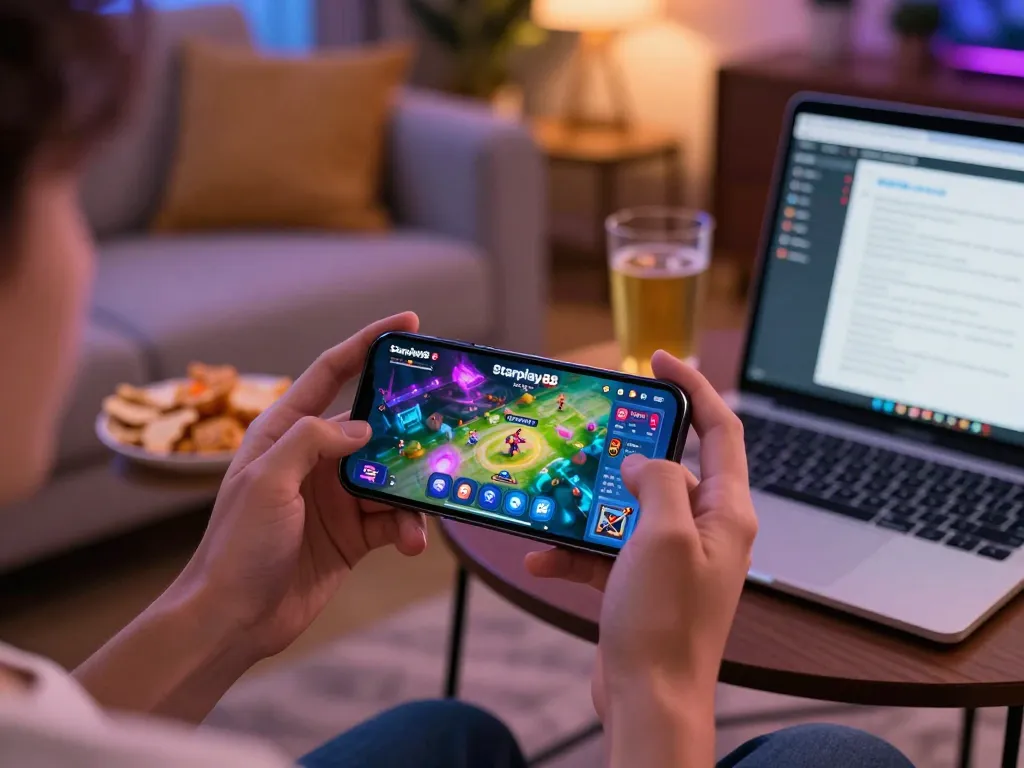 Pengalaman permainan yang menarik dengan antarmuka aplikasi mobile starplay88 ditampilkan di smartphone dalam suasana yang nyaman